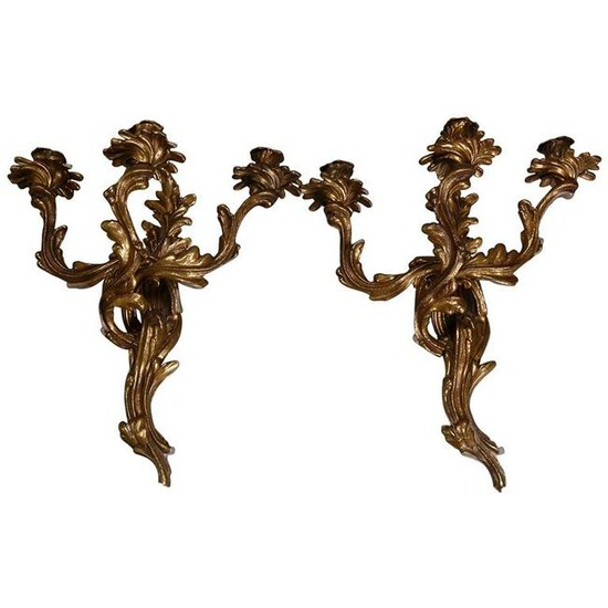 Pair of Antique French Louis XIV Bronze 3-Arm Sconces