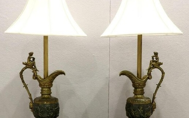 Pair of Antique Neoclassical Parcel Glit Ewer Lamps