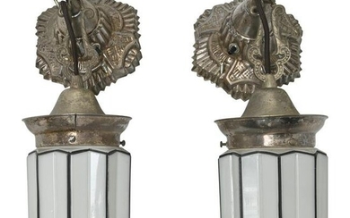 Pair of Art Deco Nickel and Glass Pendant Wall Lights.