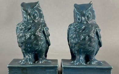 Pair of Blue Rookwood Pottery Arts and Crafts Owl Bookends