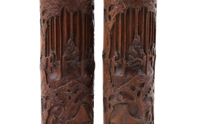 Pair of Chinese cylindrical bamboo vases carved with figures...