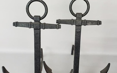 Pair of Extraordinary Oversized Antique Cast Iron Figural Anchor Andirons, circa 1920