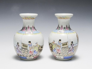 Pair of Famille Rose Vases w/ Poems, Early 20th Century