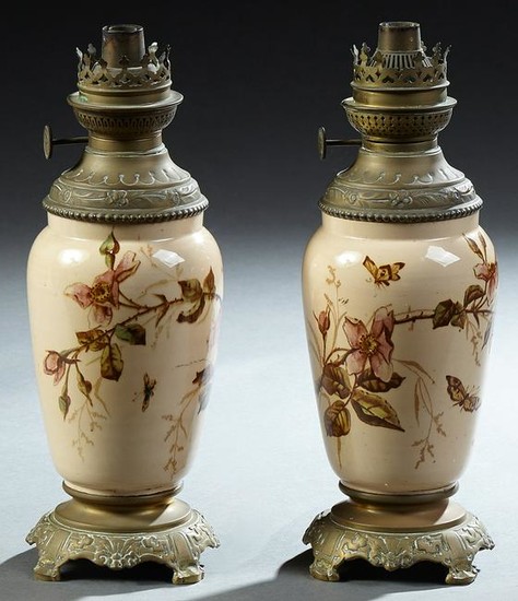 Pair of French Brass and Ceramic Kosmos Oil Lamps, c.