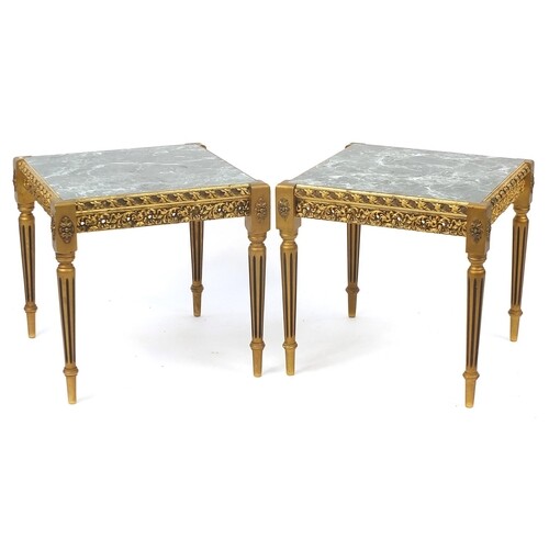 Pair of French style gilt wood side tables with faux marble ...