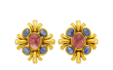 Pair of Gold, Cabochon Pink Tourmaline and Sapphire Earclips