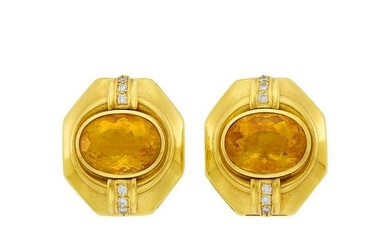 Pair of Gold, Citrine and Diamond Earclips