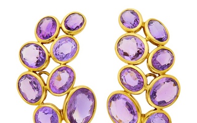 Pair of Gold and Amethyst Earclips, France