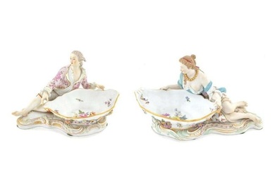 Pair of Large 19th C. Meissen Figural Sweet Meat Porcelain Dishes