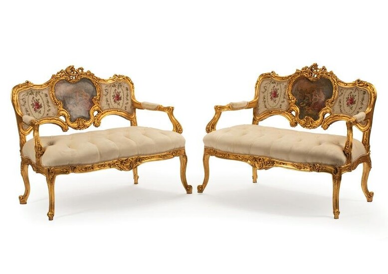 Pair of Louis XV-Style Carved Giltwood Canapes