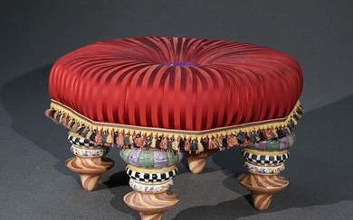 Pair of MacKenzie-Childs Art Pottery Burgundy Silk Upholstered Octagonal Ottomans