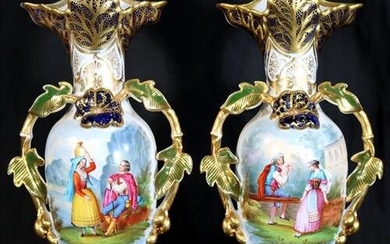 Pair of Old Paris porcelain vases with courting, 16 in.