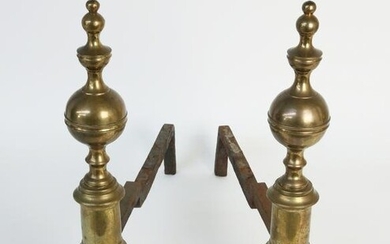 Pair of Period Ball and Finial Top Brass Andirons, 19th Century