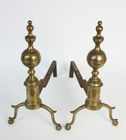 Pair of Period Ball and Finial Top Brass Andirons, 19th Century