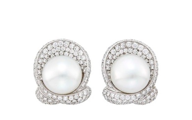Pair of Platinum, South Sea Cultured Button Pearl and Diamond Earclips