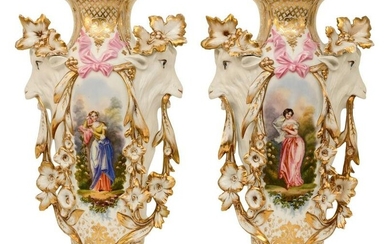 Pair of Rare Haviland Porcelain Vases, Potiche Tête de Chèvre, Model 417