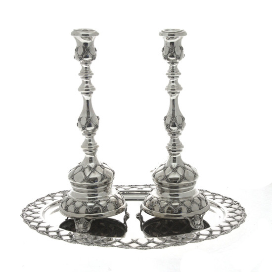 Pair of Sterling Silver Candlesticks on Tray Set.