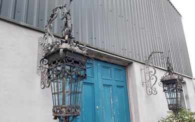 Pair of large decorative wrought iron hanging lanterns with ...