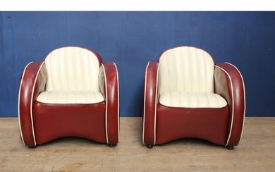 Pair of retro red and white ribbed leather tub chairs {H 80c...