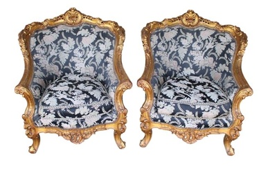 Pair quality French carved upholstered salon chairs