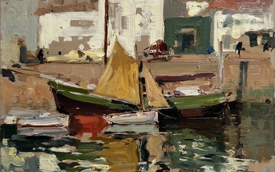 Paul Emile LECOMTE (1877-1950) L'Ile d'Yeu, bateau à la voile jaune devant le quai de...