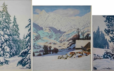 Paul LESCHHORN (1876-1952) Chalet enneigé, sapins sous la neige et paysage de neige. Trois gravures...