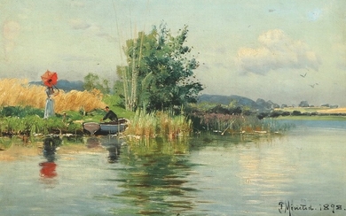 Peder Mønsted: A summerday at a winding creek with young lovers going on a boat trip. Signed and dated P. Mønsted 1898. Oil on canvas. 23×31 cm.