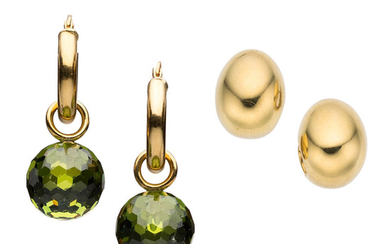 Peridot, Gold Earrings The lot includes a pair of...
