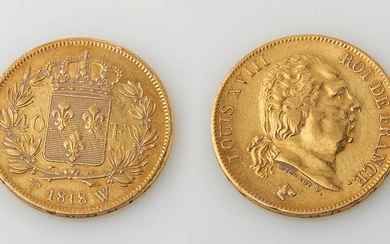 Pièce en or de 40 Francs 1818 W. Diam. : 2,5 cm. Poids : 12,86...
