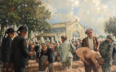 Pieter-Jan DE CLERCQ (1881-1964) "Marché aux cochons à Pont-l'Abbé", oil on canvas, signed lower right and dated "57", 80 x 100 cm