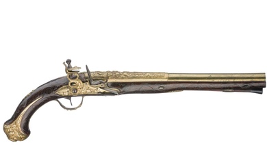 Pistolet à silex monté en laiton ottoman, début du 19e siècle. Canon lisse en laiton...