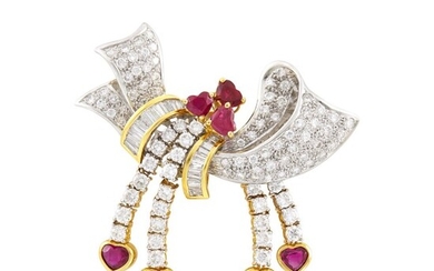Platinum, Gold, Diamond and Ruby Bow Pin