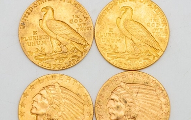 Quatre pièces en or de 5 dollars américains de 1908, 1909 et 1910