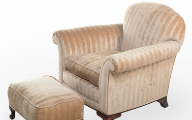 Queen Anne Style Custom-Upholstered Club Chair with Ottoman, Circa 1930