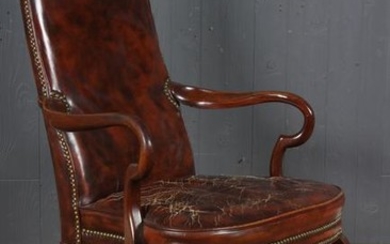 Queen Anne Style Distressed Leather Armchair
