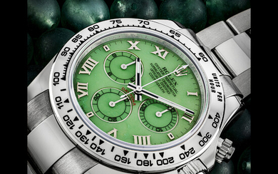 ROLEX. AN 18K WHITE GOLD AUTOMATIC CHRONOGRAPH WRISTWATCH WITH GREEN CHRYSOPRASE DIAL, BRACELET AND ADDITIONAL DIAMOND-SET BLACK DIAL WITH HANDS DAYTONA MODEL, REF. 116509, CIRCA 2006