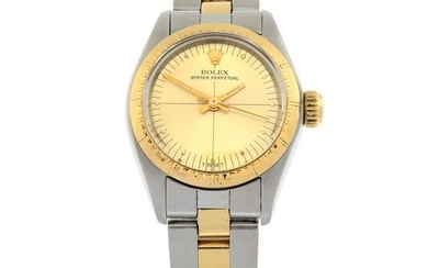 ROLEX - an Oyster Perpetual 'Zephyr' bracelet watch. Circa 1978. Stainless steel case with yellow