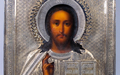RUSSIAN, MOSCOW, CIRCA 1880, MAKER'S MARK HK , ICON OF CHRIST PANTOCRATOR, 10 1/2 x 8 3/4 in. (26.7 x 22.2 cm.)