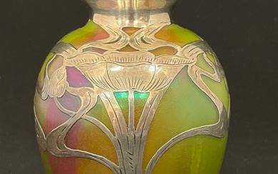 Rainbow Silver overlay glass vase