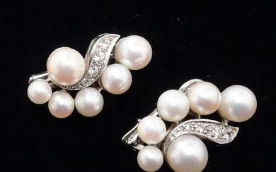 Retro 1940s/50s Pr 14k Gold Pearl Diamond Earrings