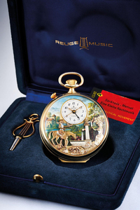 Reuge. A Gold Plated Musical Automaton Open Face Pocket Watch with Alarm