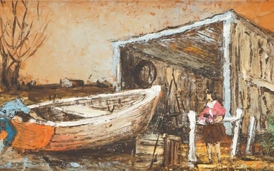 Ric Elliot (1933 - 1995) - Boat Shed 12 x 25 cm