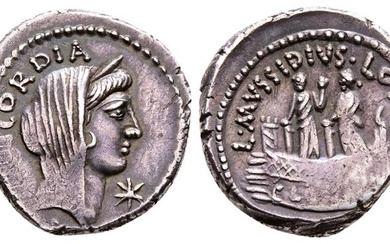 Roman Imperatorial, L. Mussidius Longus, Rome, 42 BC. AR Denarius...