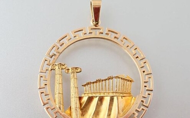 Round pendant in 750 thousandths gold, in the centre is the acropolis and two Ionic columns, surrounded by Greek 10.2 g.