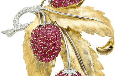 Ruby, Diamond, Platinum, Gold Brooch The raspberry brooch features...