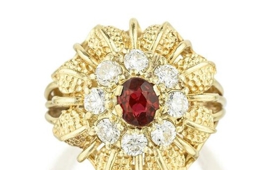 Ruby and Diamond Flower Dome Ring, Italian