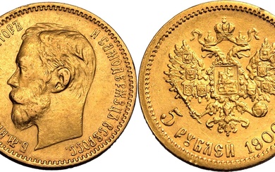 Russia Nikolai II 1900 Ф3 Gold 5 Roubles