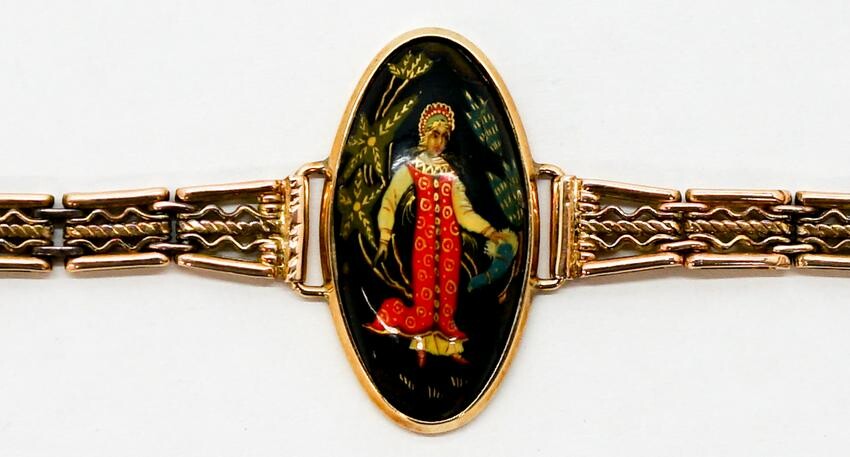Russian 14k Gold Bracelet with Lacquered Center
