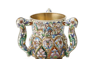 Russian Silver-Gilt and Cloisonné Enamel Three-Handled Cup