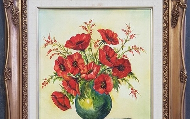 S. Petsas "Red Poppies, 1987" acrylic on canvas, 45 x 39cm (frame)